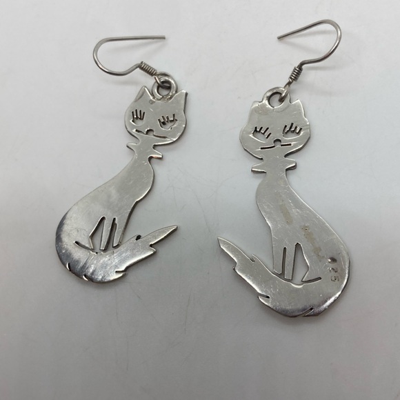 Vtg Taxco 925 Sterling Silver Kitty Cat Dangle Earrings | 1.9” L | 14g W - Picture 2 of 8